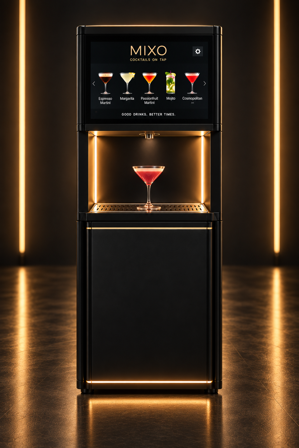 Front view of the floor-standing MIXO smart cocktail bar with illuminated gold detailing